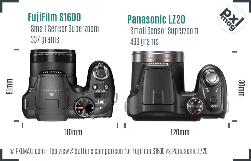 FujiFilm S1600 vs Panasonic LZ20 top view buttons comparison FujiFilm S1600 vs Panasonic LZ20 top view buttons comparison