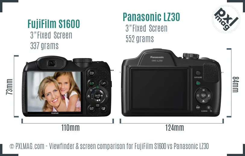 FujiFilm S1600 vs Panasonic LZ30 Screen and Viewfinder comparison