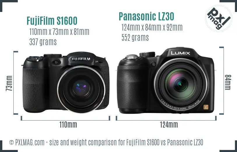 FujiFilm S1600 vs Panasonic LZ30 size comparison