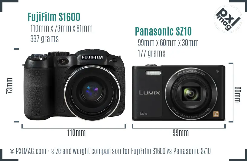 FujiFilm S1600 vs Panasonic SZ10 size comparison
