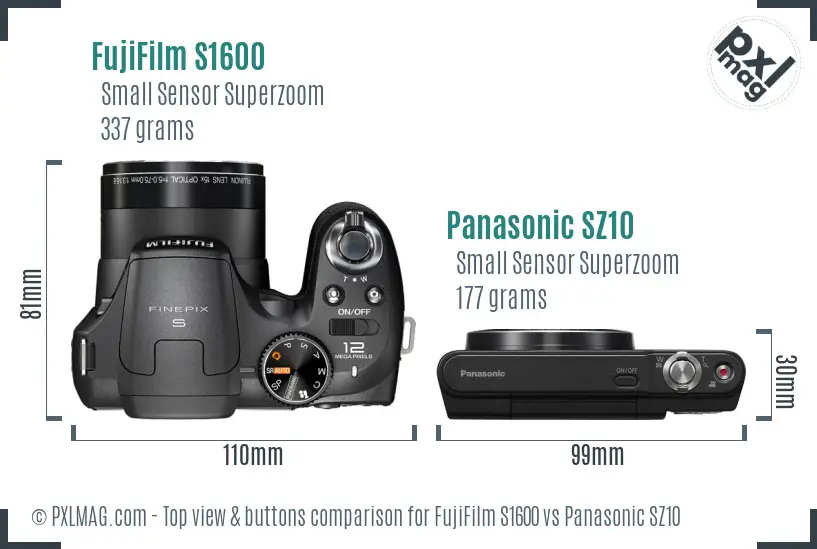 FujiFilm S1600 vs Panasonic SZ10 top view buttons comparison