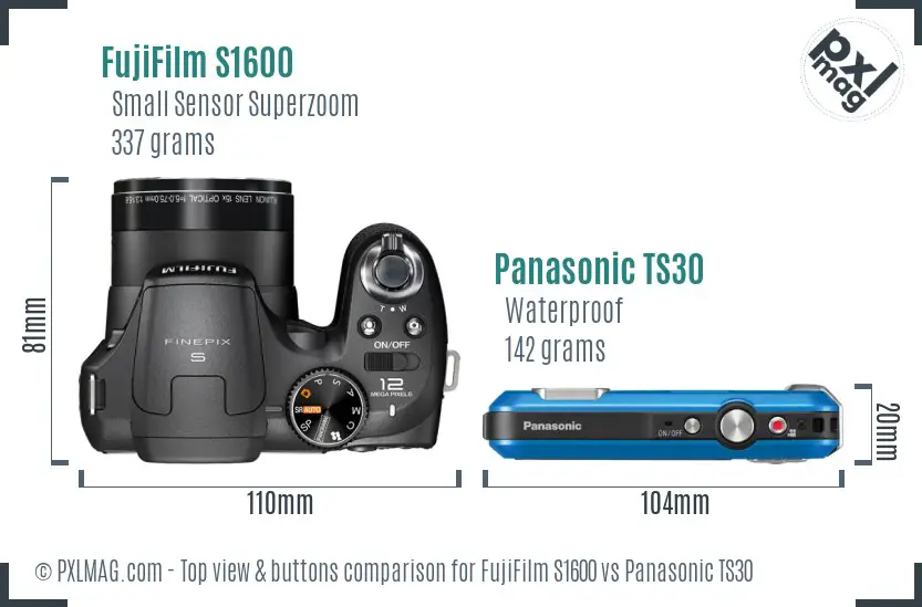 FujiFilm S1600 vs Panasonic TS30 top view buttons comparison