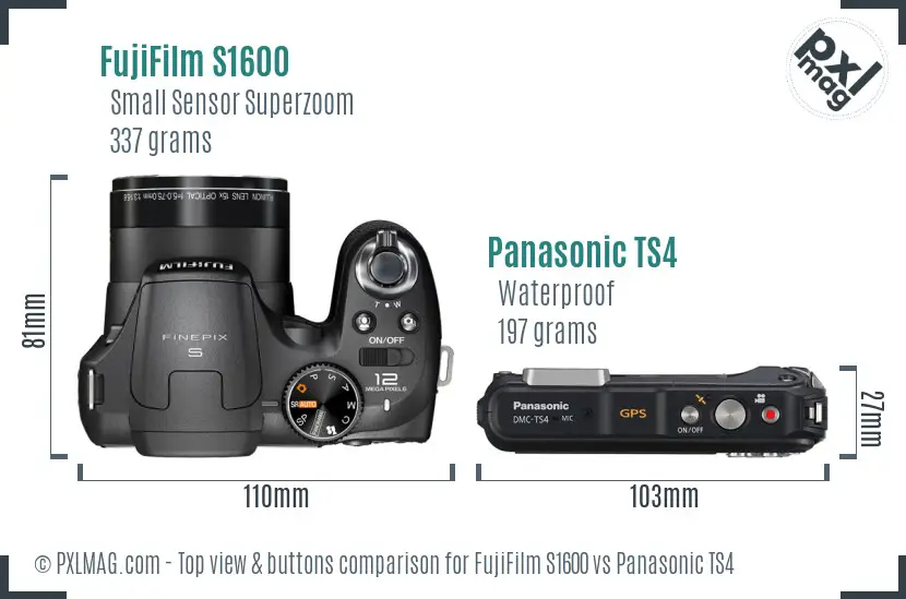 FujiFilm S1600 vs Panasonic TS4 top view buttons comparison