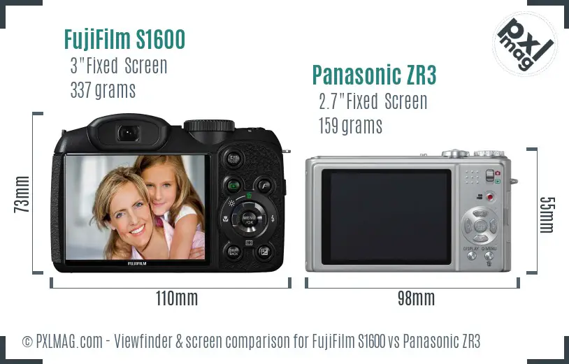 FujiFilm S1600 vs Panasonic ZR3 Screen and Viewfinder comparison