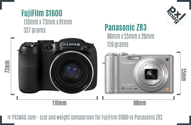 FujiFilm S1600 vs Panasonic ZR3 size comparison