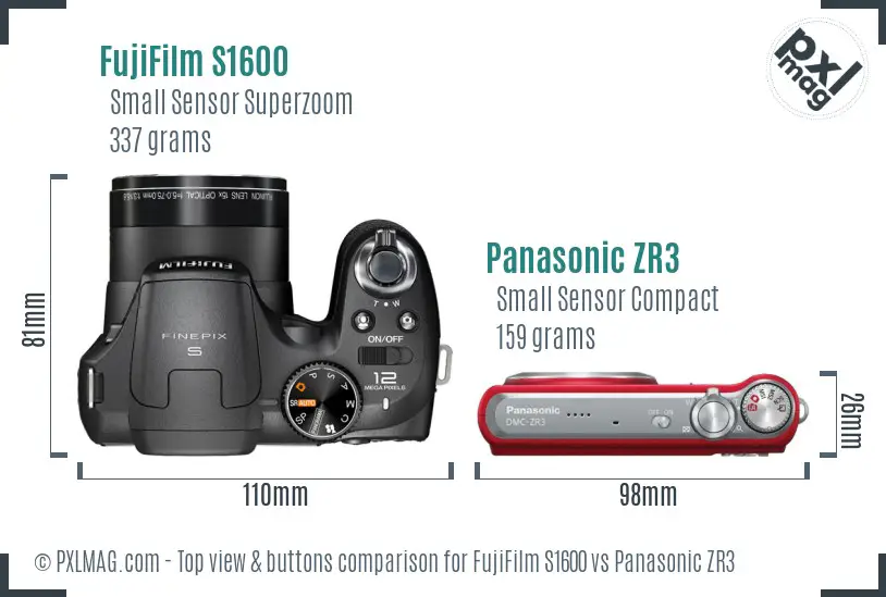 FujiFilm S1600 vs Panasonic ZR3 top view buttons comparison