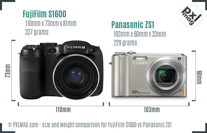FujiFilm S1600 vs Panasonic ZS1 size comparison