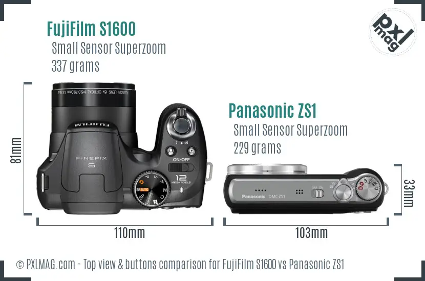 FujiFilm S1600 vs Panasonic ZS1 top view buttons comparison