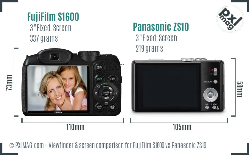 FujiFilm S1600 vs Panasonic ZS10 Screen and Viewfinder comparison