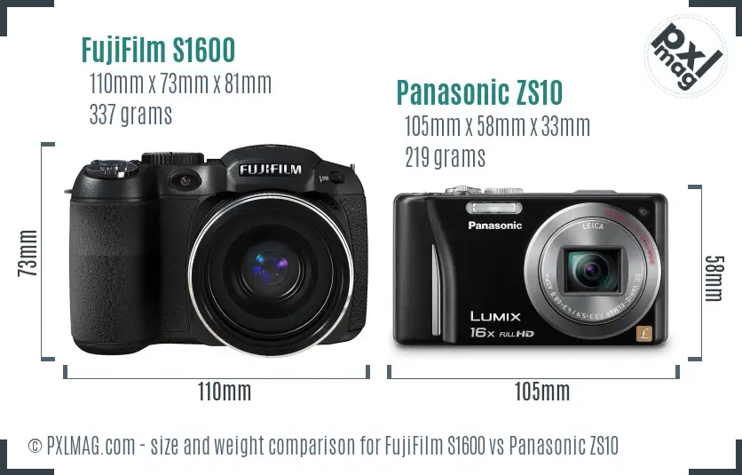 FujiFilm S1600 vs Panasonic ZS10 size comparison