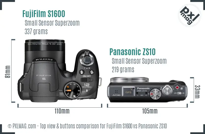 FujiFilm S1600 vs Panasonic ZS10 top view buttons comparison