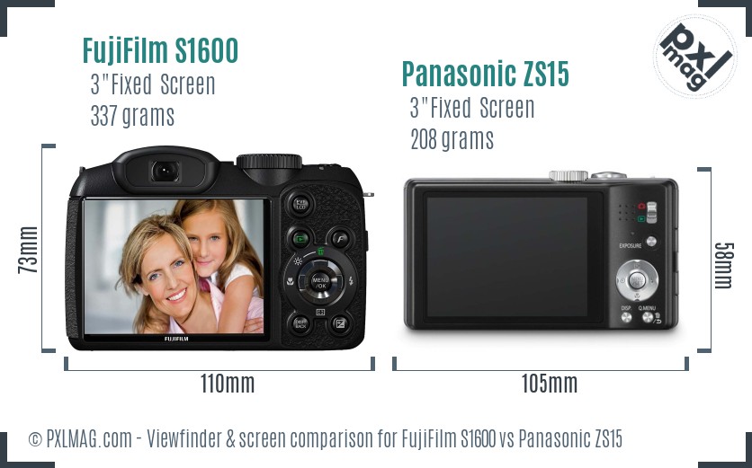 FujiFilm S1600 vs Panasonic ZS15 Screen and Viewfinder comparison