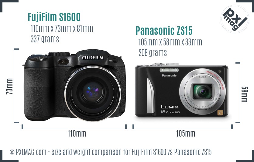 FujiFilm S1600 vs Panasonic ZS15 size comparison FujiFilm S1600 vs Panasonic ZS15 size comparison