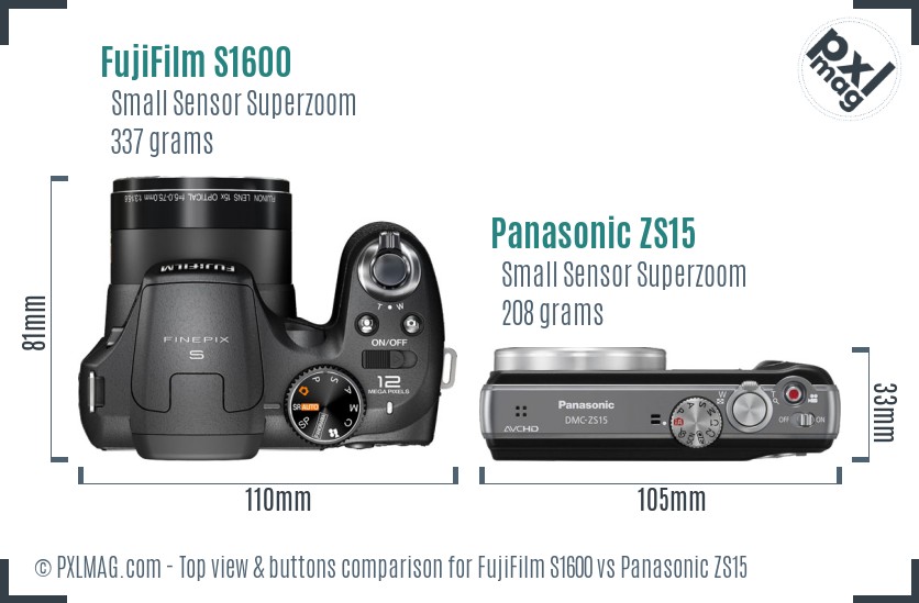 FujiFilm S1600 vs Panasonic ZS15 top view buttons comparison