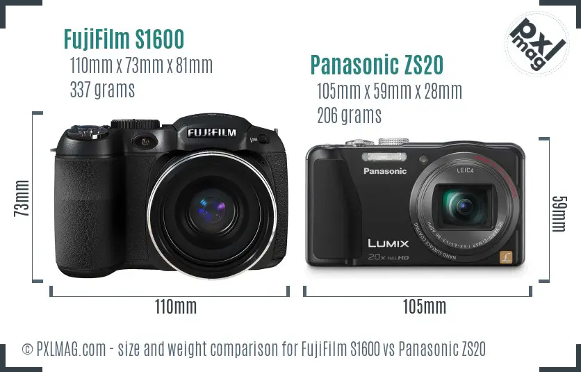 FujiFilm S1600 vs Panasonic ZS20 size comparison FujiFilm S1600 vs Panasonic ZS20 size comparison