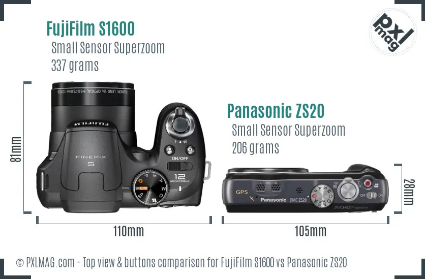 FujiFilm S1600 vs Panasonic ZS20 top view buttons comparison FujiFilm S1600 vs Panasonic ZS20 top view buttons comparison