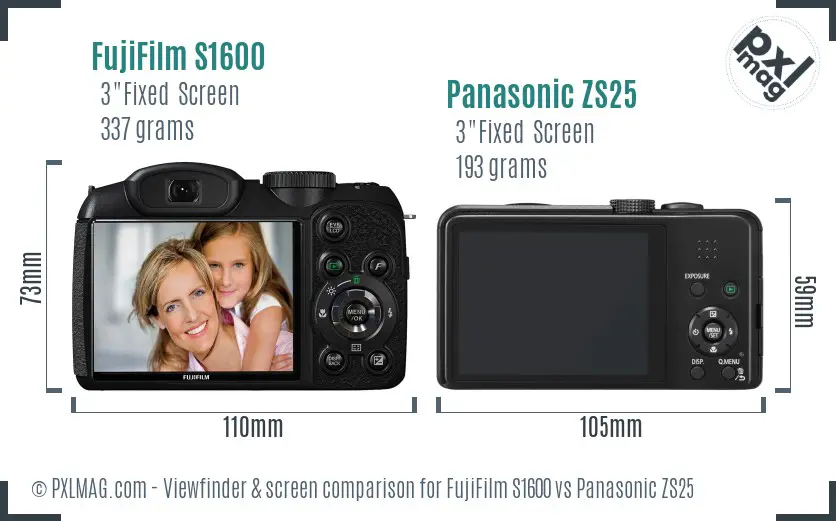 FujiFilm S1600 vs Panasonic ZS25 Screen and Viewfinder comparison