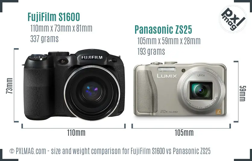 FujiFilm S1600 vs Panasonic ZS25 size comparison