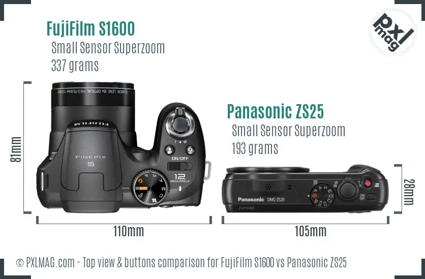 FujiFilm S1600 vs Panasonic ZS25 top view buttons comparison