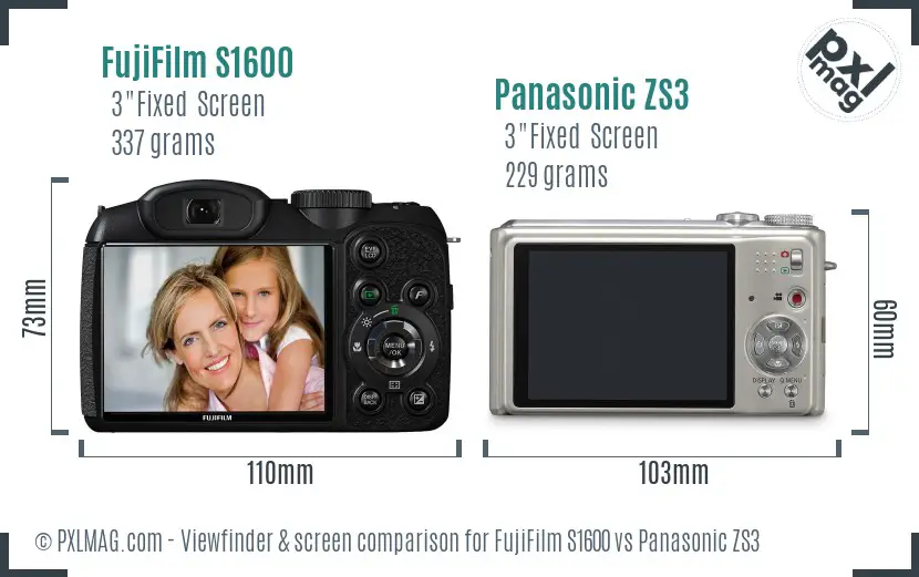 FujiFilm S1600 vs Panasonic ZS3 Screen and Viewfinder comparison