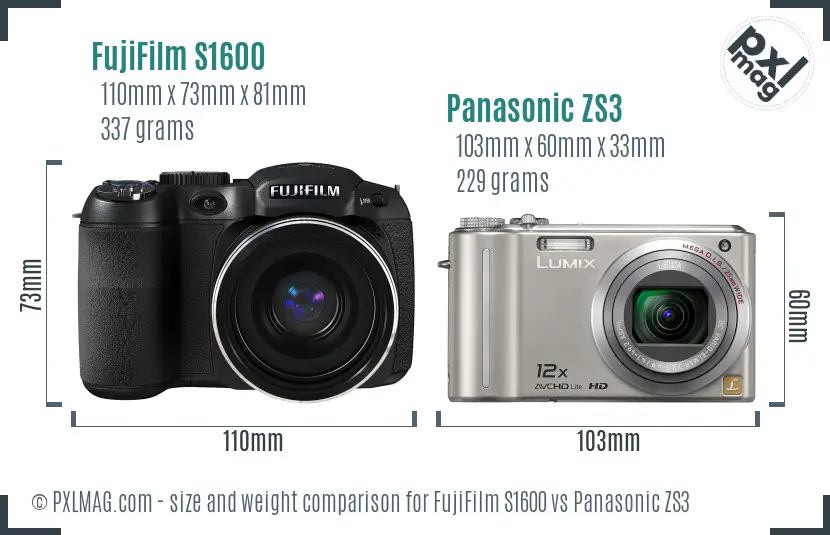 FujiFilm S1600 vs Panasonic ZS3 size comparison
