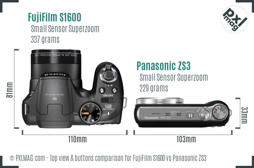 FujiFilm S1600 vs Panasonic ZS3 top view buttons comparison