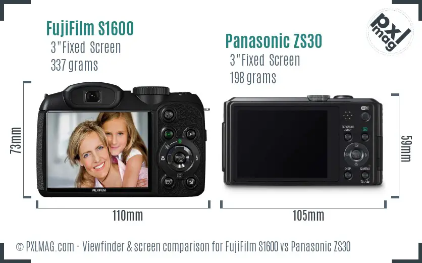 FujiFilm S1600 vs Panasonic ZS30 Screen and Viewfinder comparison