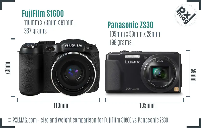 FujiFilm S1600 vs Panasonic ZS30 size comparison