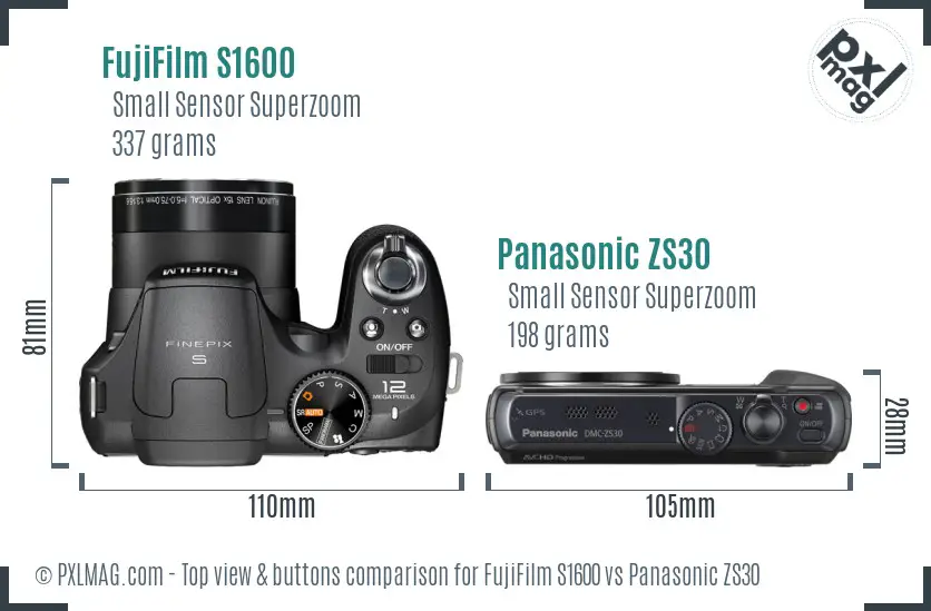 FujiFilm S1600 vs Panasonic ZS30 top view buttons comparison
