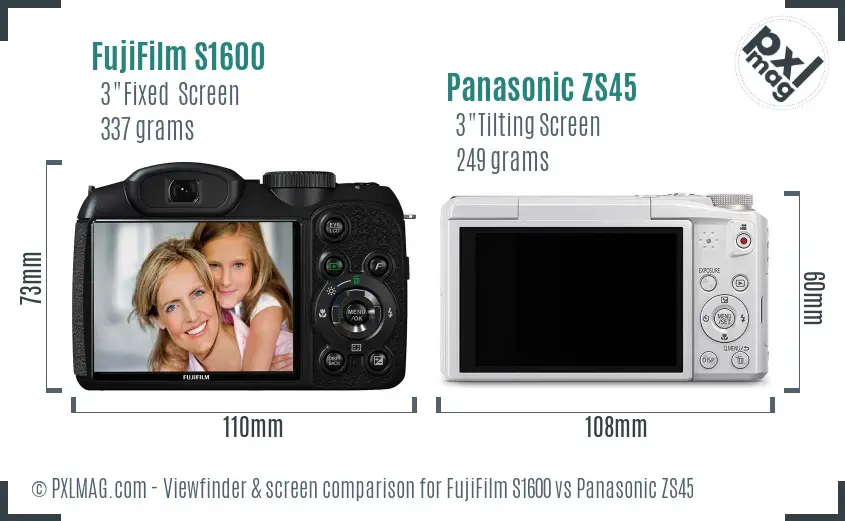 FujiFilm S1600 vs Panasonic ZS45 Screen and Viewfinder comparison