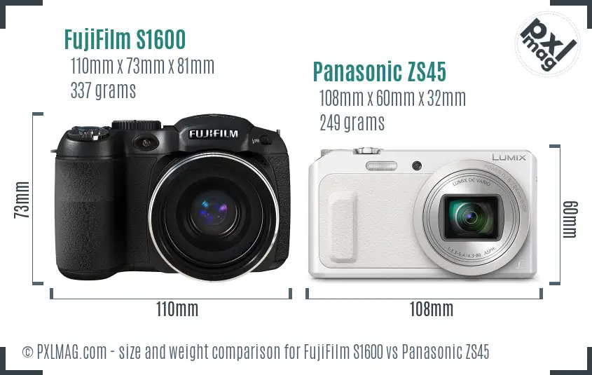 FujiFilm S1600 vs Panasonic ZS45 size comparison