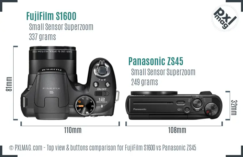 FujiFilm S1600 vs Panasonic ZS45 top view buttons comparison
