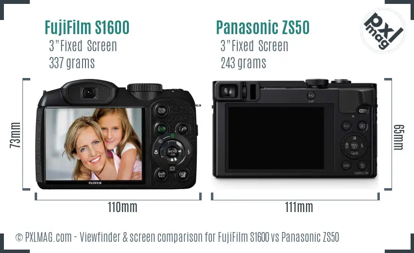 FujiFilm S1600 vs Panasonic ZS50 Screen and Viewfinder comparison