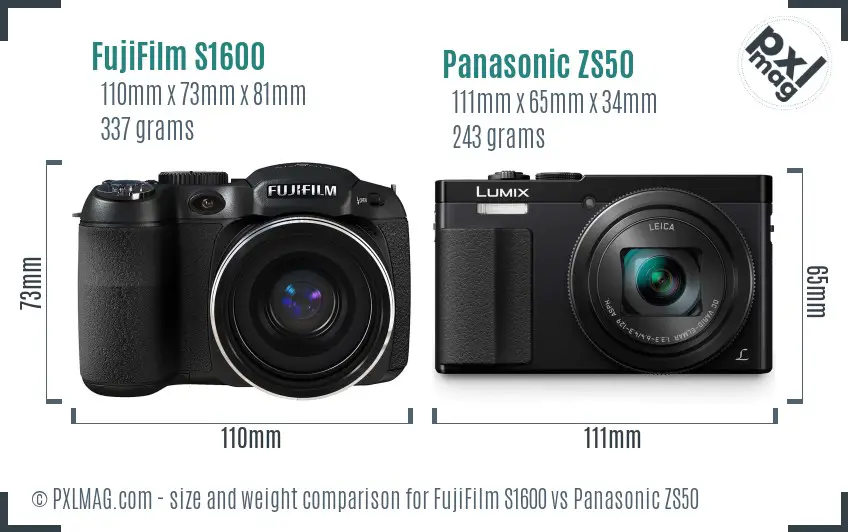 FujiFilm S1600 vs Panasonic ZS50 size comparison