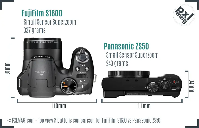 FujiFilm S1600 vs Panasonic ZS50 top view buttons comparison