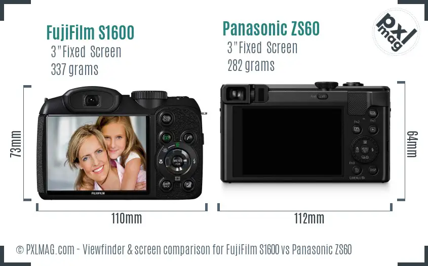 FujiFilm S1600 vs Panasonic ZS60 Screen and Viewfinder comparison