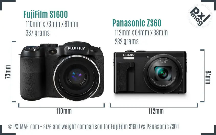 FujiFilm S1600 vs Panasonic ZS60 size comparison