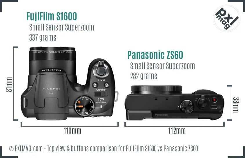 FujiFilm S1600 vs Panasonic ZS60 top view buttons comparison