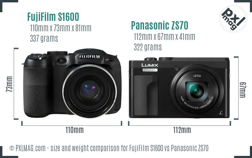FujiFilm S1600 vs Panasonic ZS70 size comparison