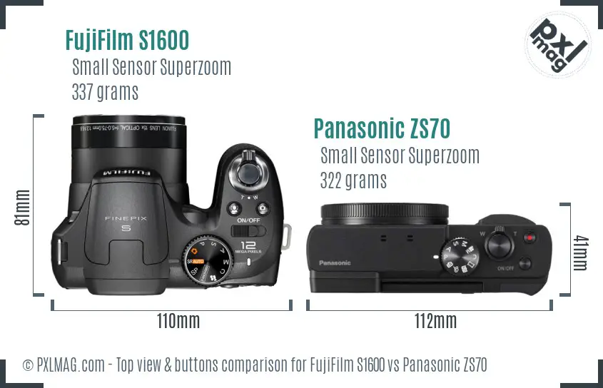 FujiFilm S1600 vs Panasonic ZS70 top view buttons comparison