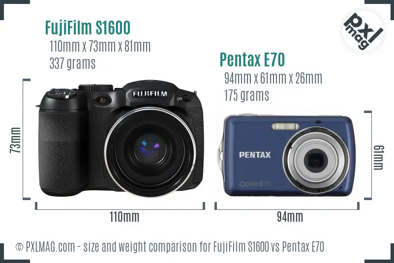 FujiFilm S1600 vs Pentax E70 size comparison FujiFilm S1600 vs Pentax E70 size comparison