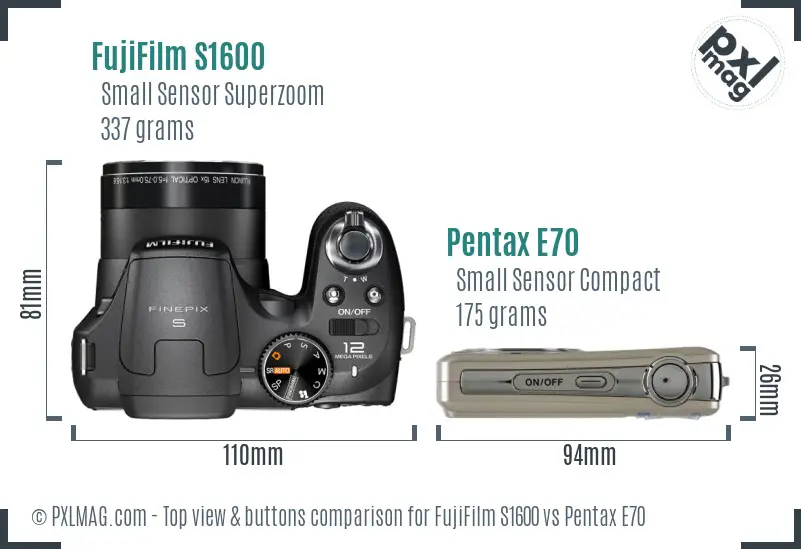 FujiFilm S1600 vs Pentax E70 top view buttons comparison FujiFilm S1600 vs Pentax E70 top view buttons comparison