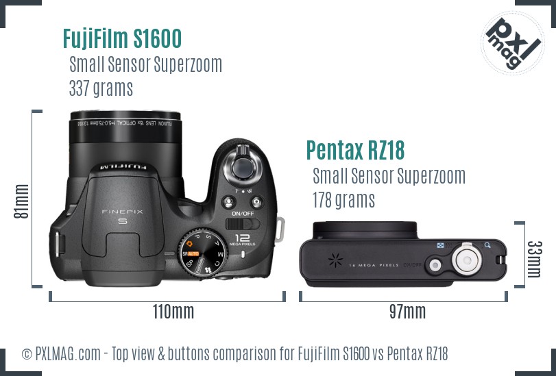 FujiFilm S1600 vs Pentax RZ18 top view buttons comparison