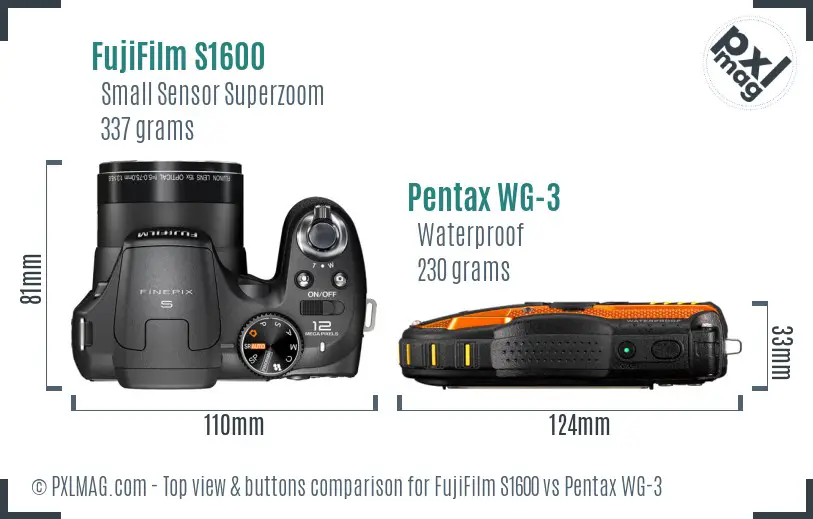 FujiFilm S1600 vs Pentax WG-3 top view buttons comparison FujiFilm S1600 vs Pentax WG-3 top view buttons comparison