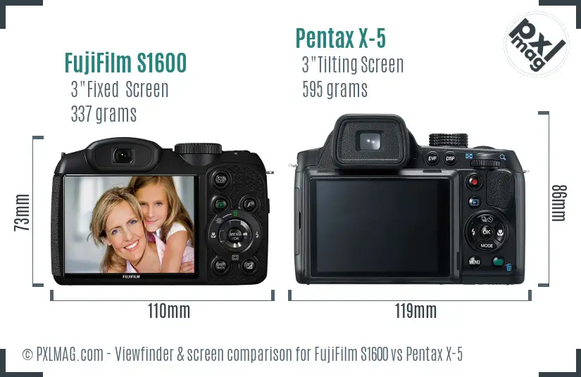 FujiFilm S1600 vs Pentax X-5 Screen and Viewfinder comparison FujiFilm S1600 vs Pentax X-5 Screen and Viewfinder comparison