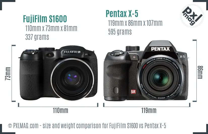 FujiFilm S1600 vs Pentax X-5 size comparison FujiFilm S1600 vs Pentax X-5 size comparison