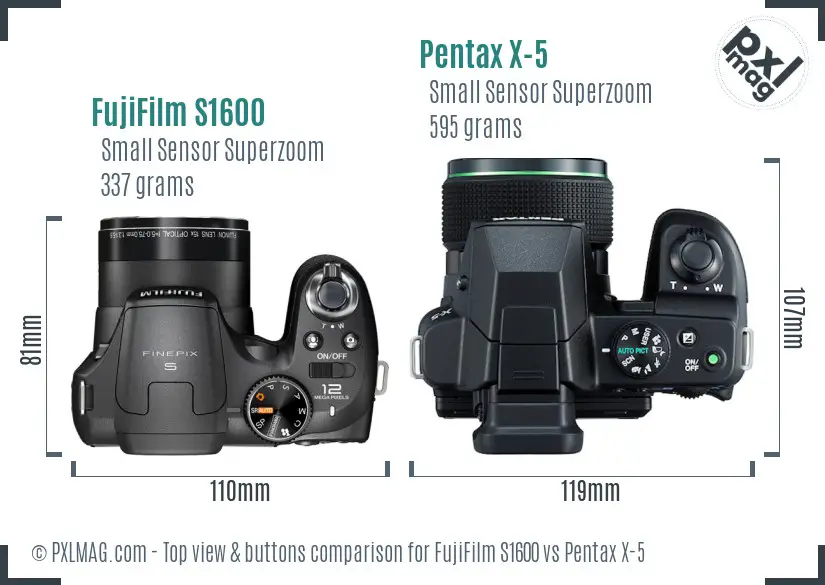 FujiFilm S1600 vs Pentax X-5 top view buttons comparison FujiFilm S1600 vs Pentax X-5 top view buttons comparison
