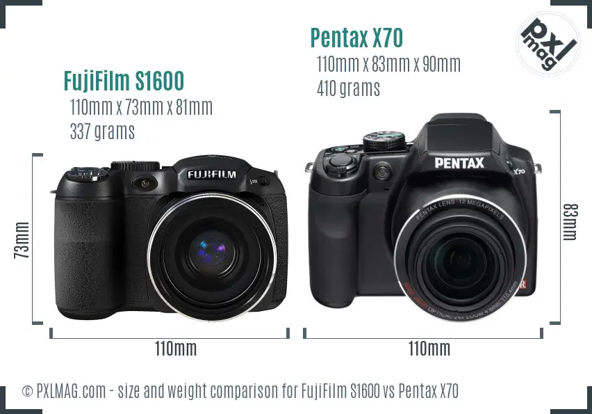 FujiFilm S1600 vs Pentax X70 size comparison