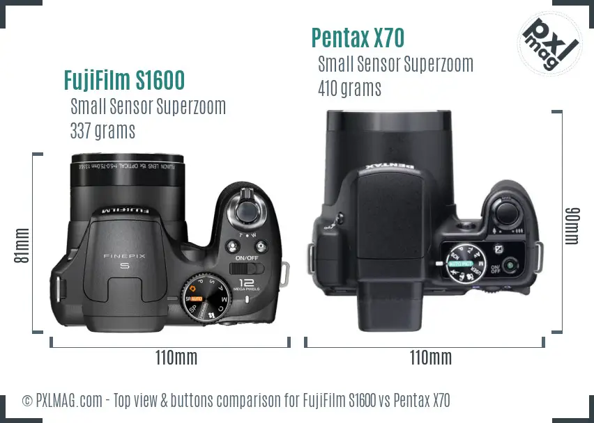 FujiFilm S1600 vs Pentax X70 top view buttons comparison