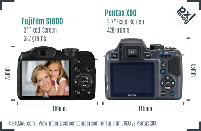 FujiFilm S1600 vs Pentax X90 Screen and Viewfinder comparison